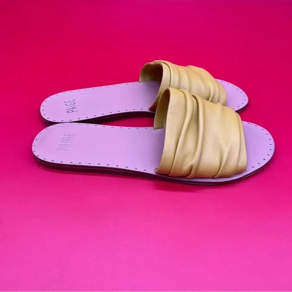 PAIGE Emilia Leather Slide Sandals Mustard Yellow Ruched Band Womens 8.5 US - Picture 13 of 13